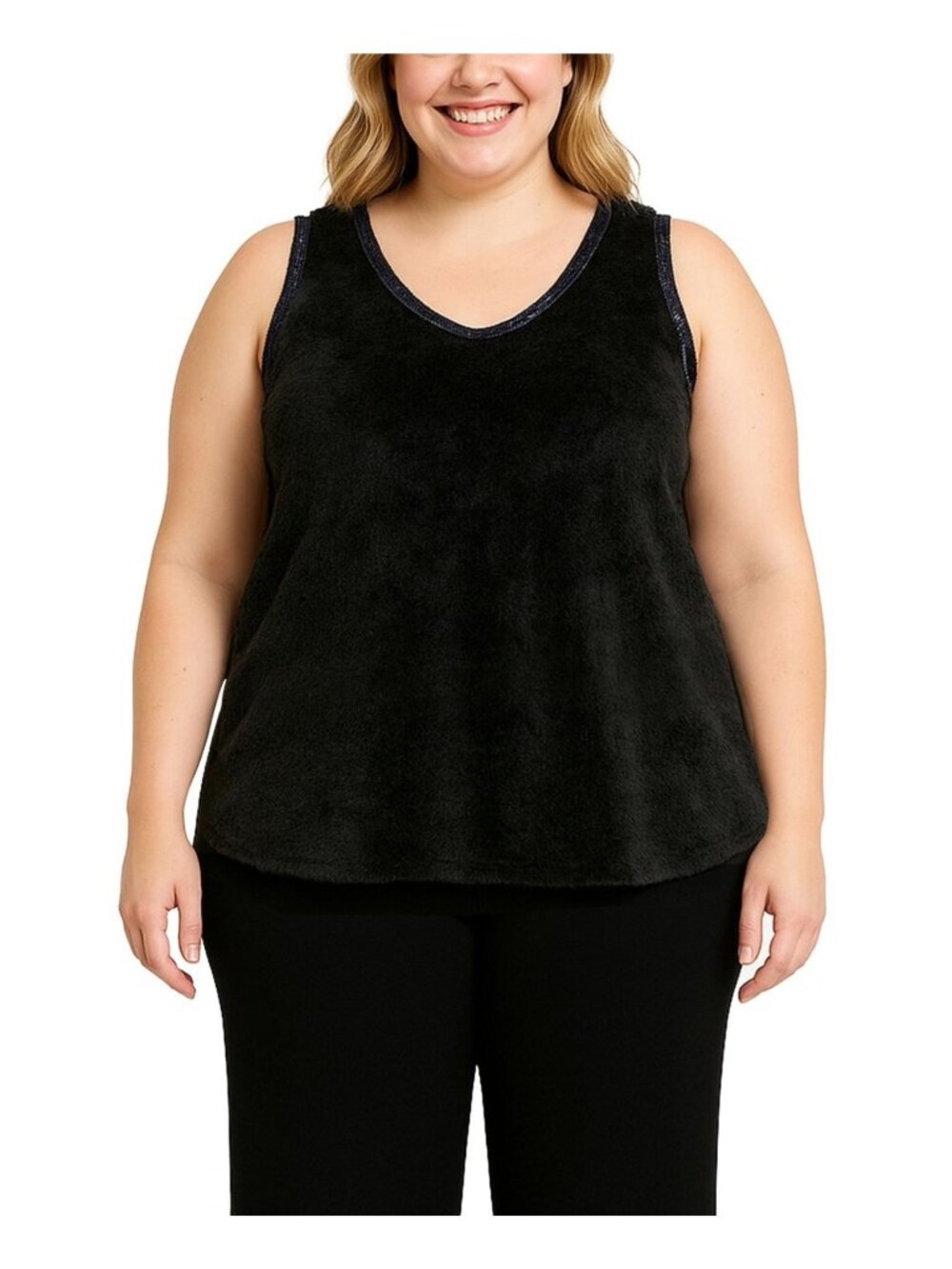COIN 1804 Plus Size 1X Cozy Rib Sequin Trim V Neck Tank Top Black